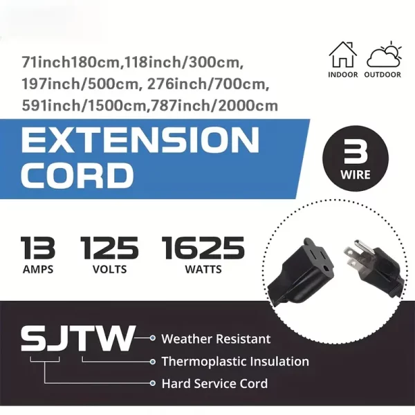 Sjt Cable Long Sjtw Cord Black 3 Prong Extension Cords Extension Cable Extension Lead Socket Great For Garden And Home - 图片 7