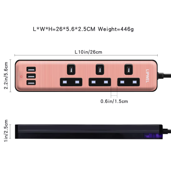 UK Type Extension Socket 3 Pin Plug Power Outlet Strip With USB LIPWEL 3250W Office Power Strips - 图片 3