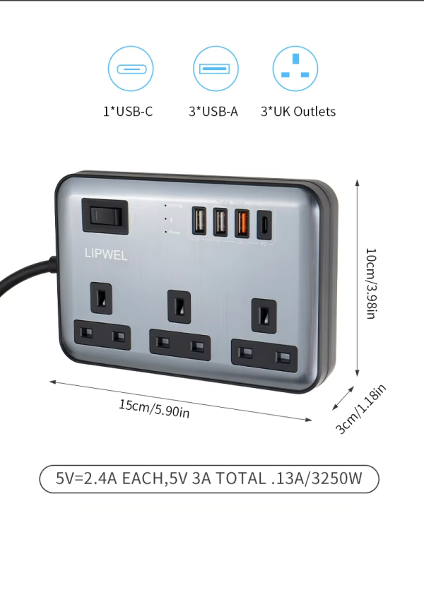 Hot Sale 250V 4 USB Port 3 Way UK Plug Socket Power Strip 4 AC Outlets Surge Protector Extension Socket - 图片 4