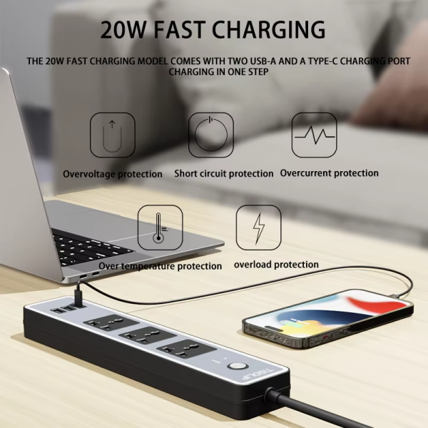 Universal Power Strip with USB C 6.5ft Long Power Cord 3 Outlets Power Strips with Surge Protection(3 USB-A & 1 USB-C) - 图片 5